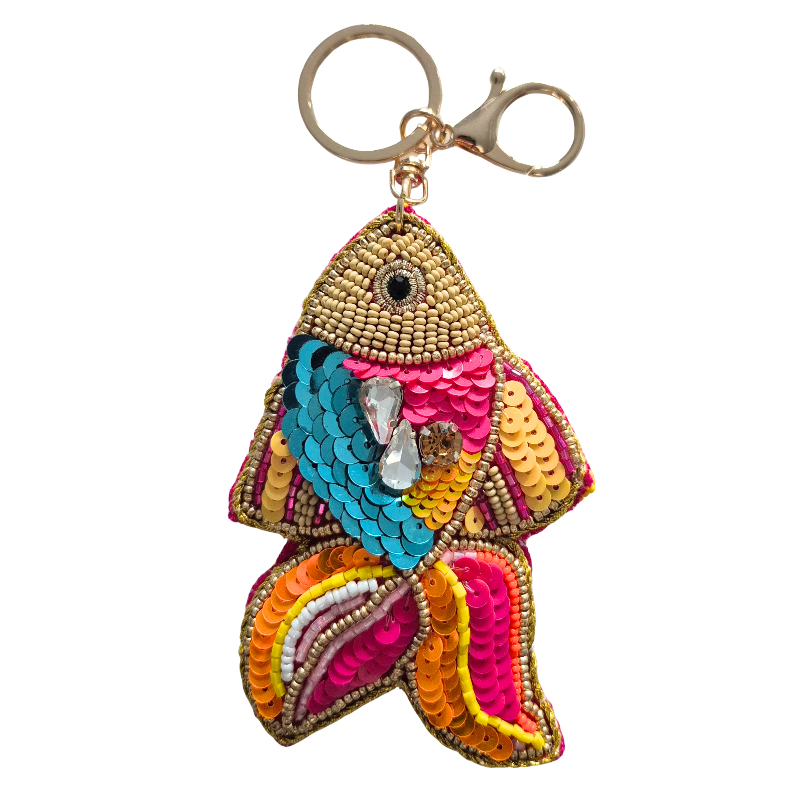 Hand-beaded fish keyring in gold, pink, teal and orange beads with a gold-tone ring and clip.