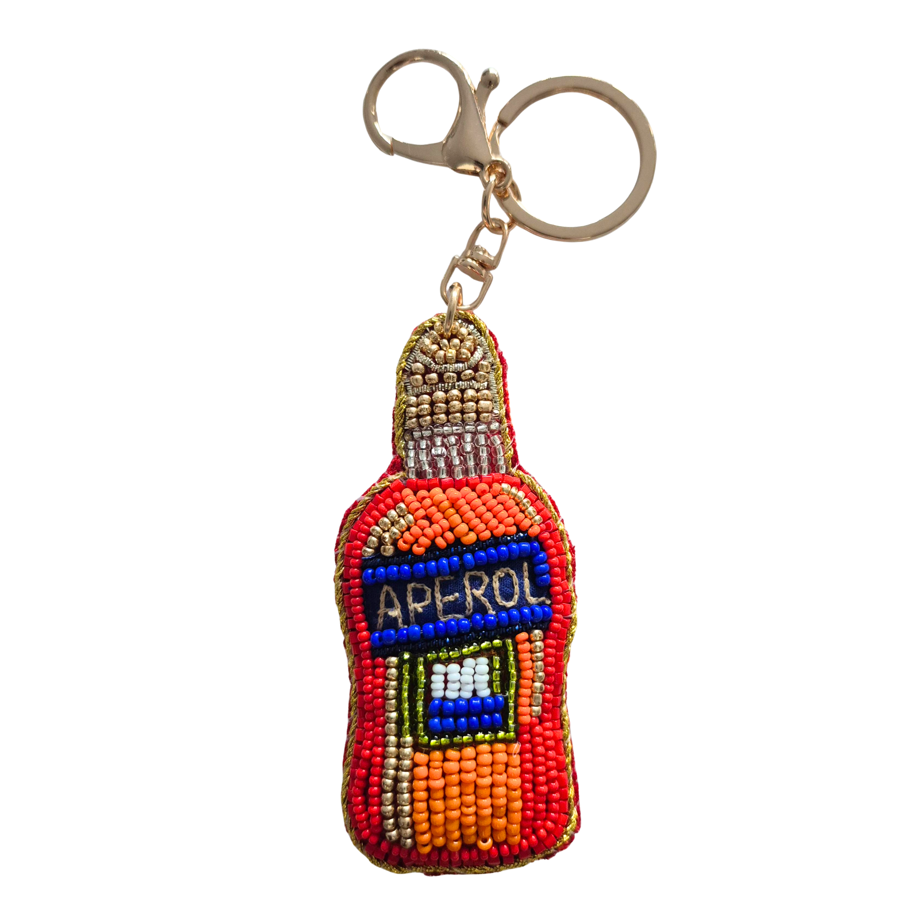 Hand-beaded keyring shaped like an orange spritz bottle with a blue and white label, on a gold-tone ring and clip.