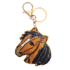 Hand-beaded keyring shaped like a chestnut horse's head with a black mane, on a gold-tone ring and clip.