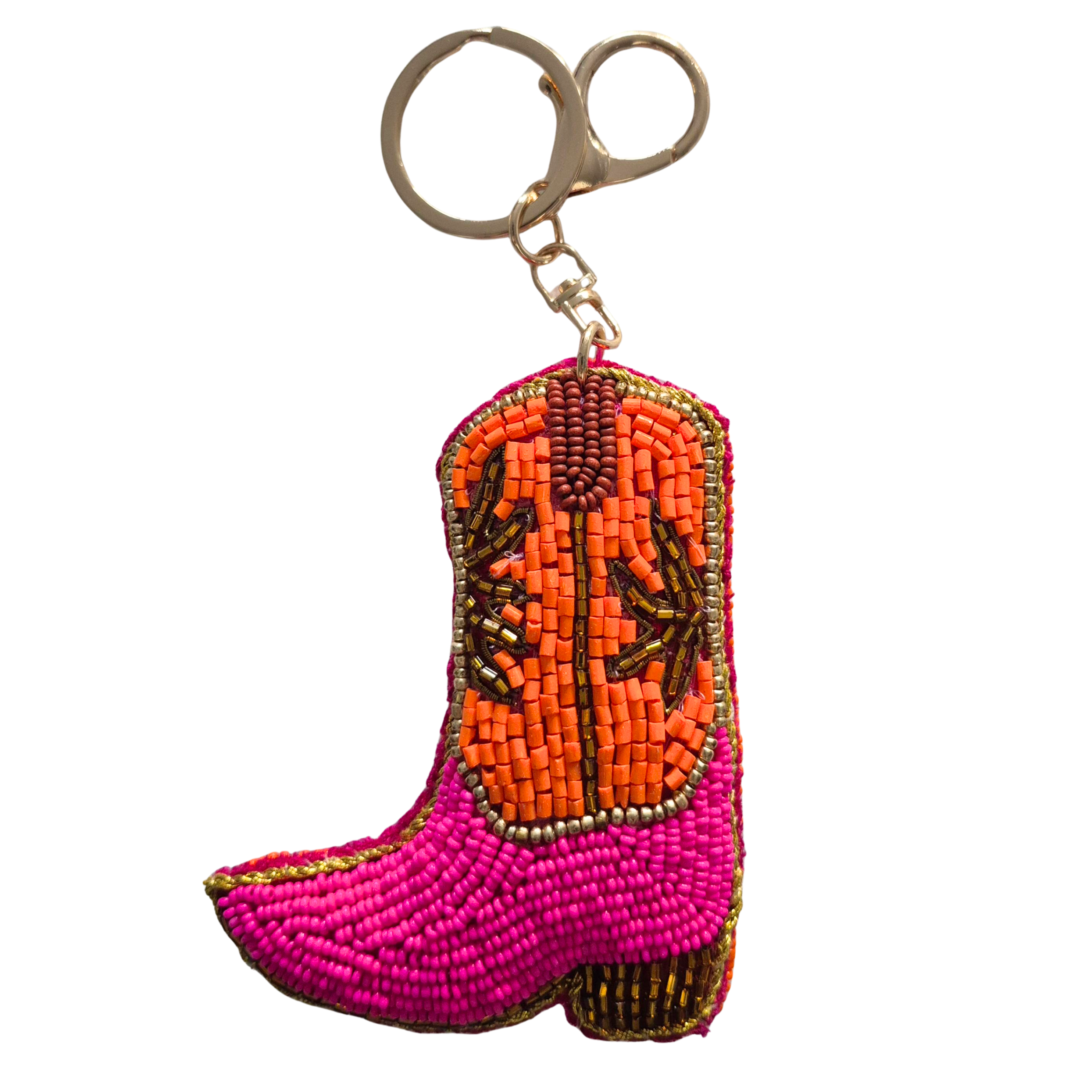Hand-beaded keyring shaped like a cowboy boot in hot pink and orange beads, on a gold-tone ring and clip.