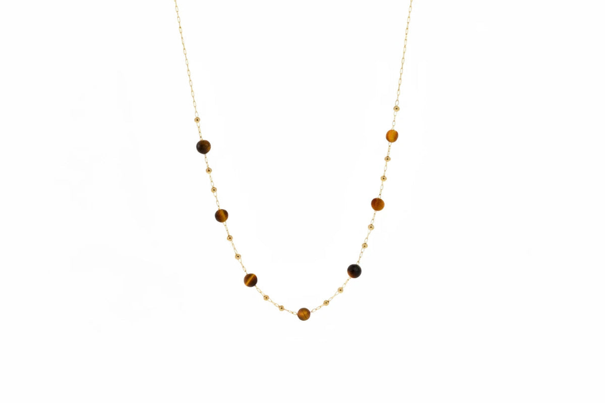 Zag Zoe necklace in tiger's eye, small round stones spaced along a fine gold-tone chain