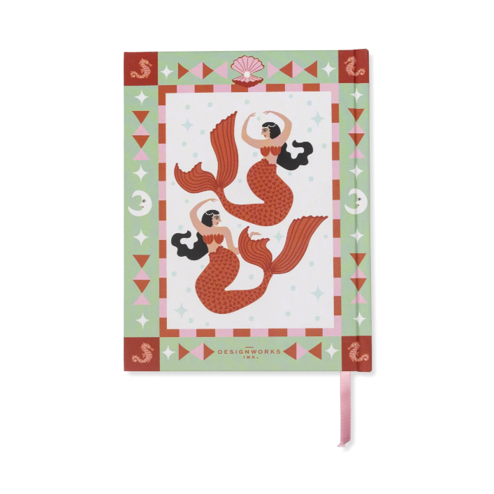 The back cover of the mermaid journal: the two red mermaids mirrored inside the sage green border, the maker's name along the foot and the pink ribbon marker hanging below