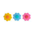 Yellow, blue and pink daisy spinners in a row