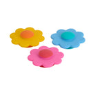 Yellow, blue and pink daisy spinners overlapping