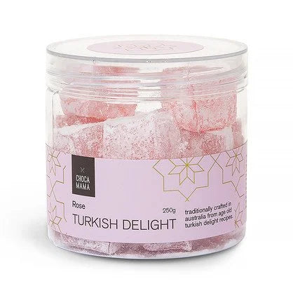 Clear round tub of pink rose Turkish delight cubes with a lilac label patterned in gold stars