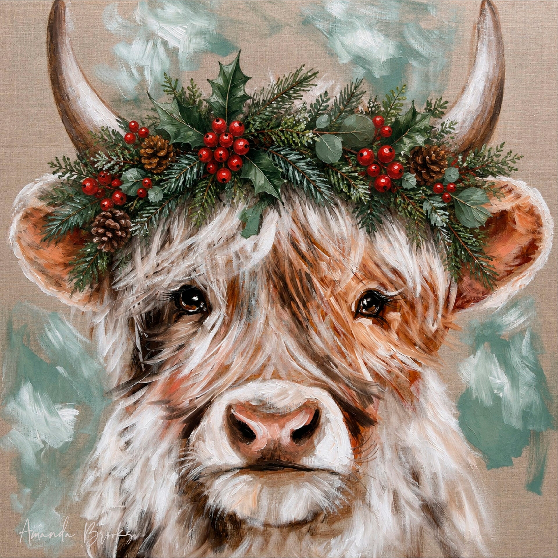 Painting of a cream Highland cow wearing a Christmas crown of holly, red berries, pine cones and eucalyptus