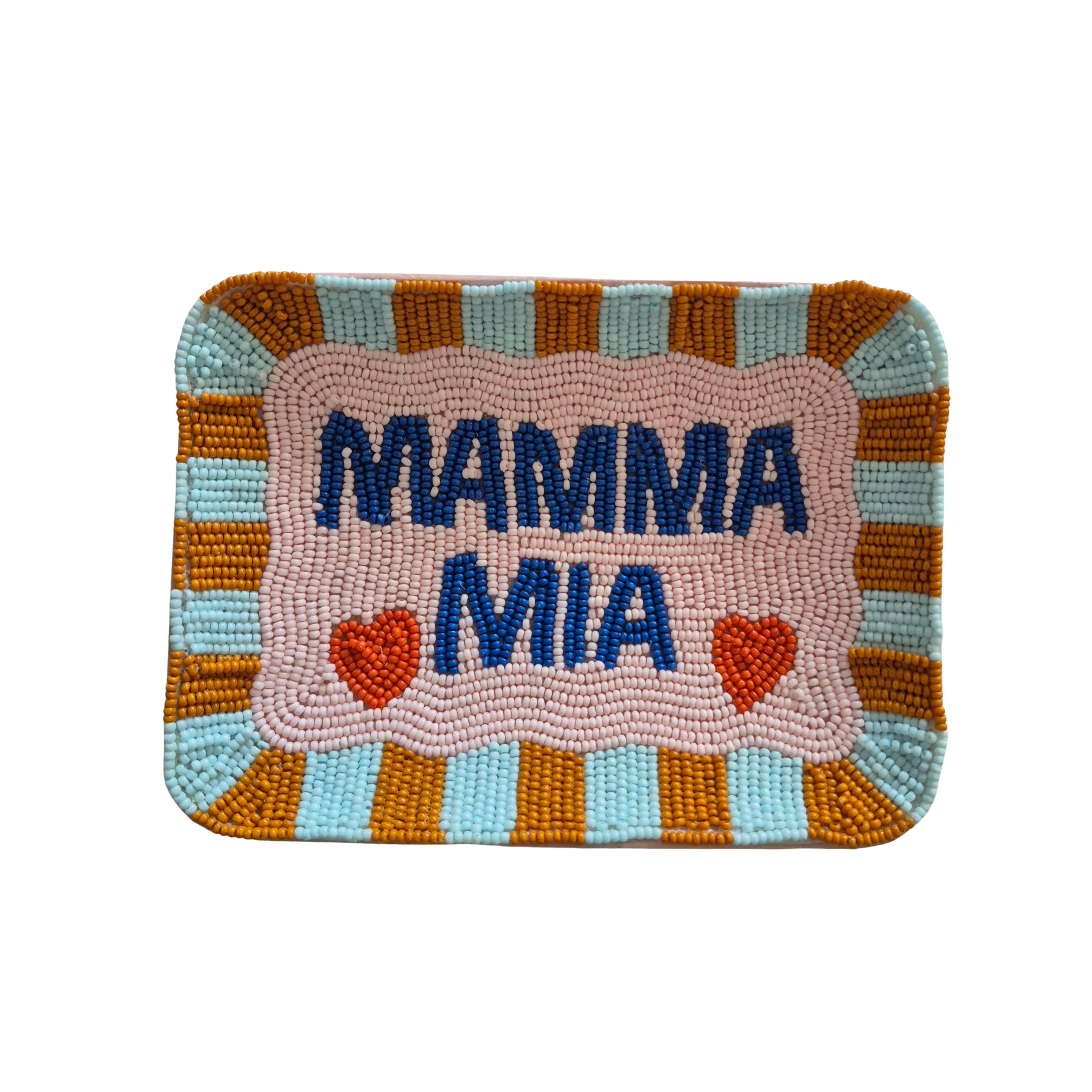 Rectangular hand-beaded tray with MAMMA MIA in navy on a blush ground, two small red hearts, and a striped teal and rust beaded border.