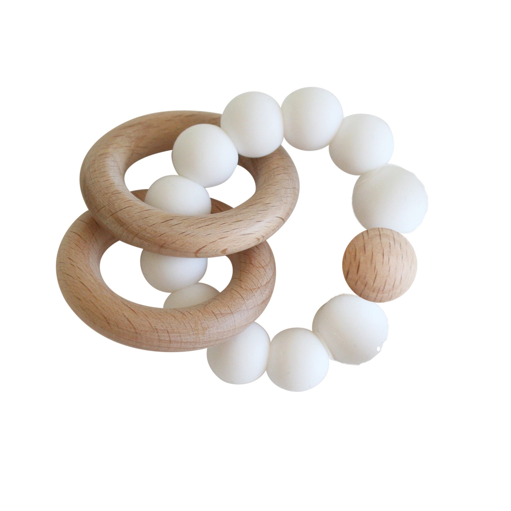 Beechwood teether with two natural wood rings threaded on white silicone beads