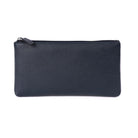 Navy leather makeup case laid flat, top zip closed