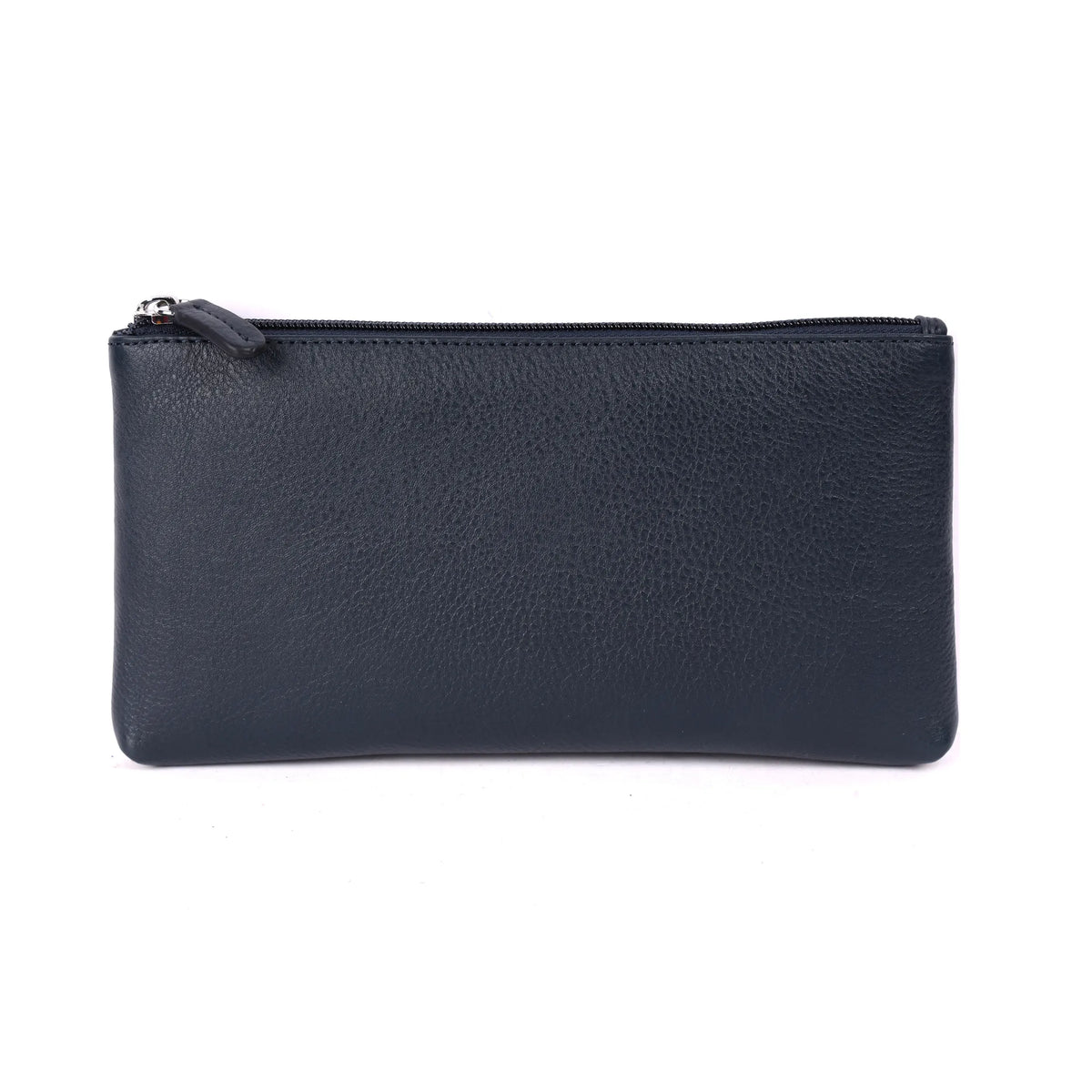 Navy leather makeup case laid flat, top zip closed