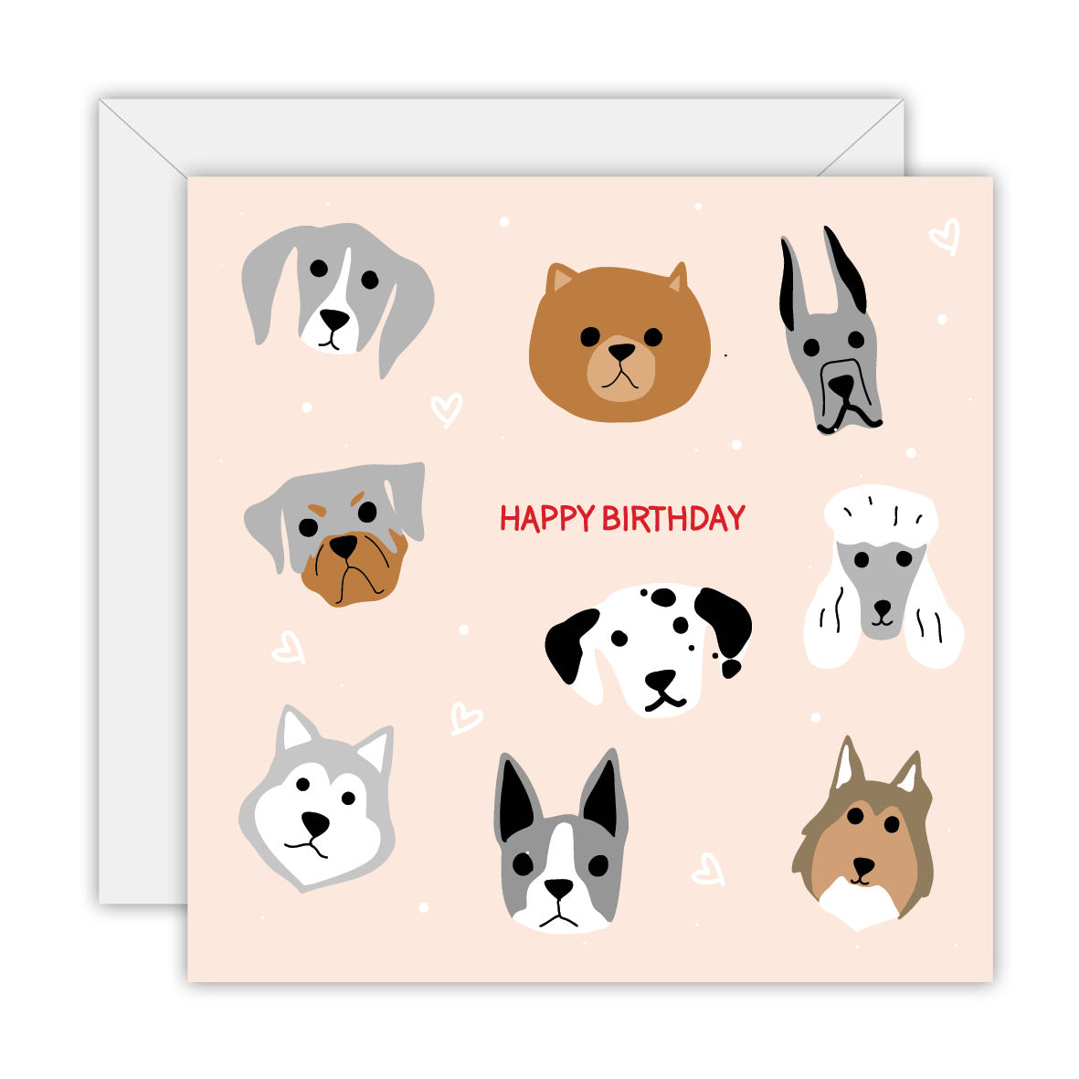 Square peach card with a grid of dog faces around the words Happy Birthday, on a white envelope
