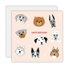 Square peach card with a grid of dog faces around the words Happy Birthday, on a white envelope