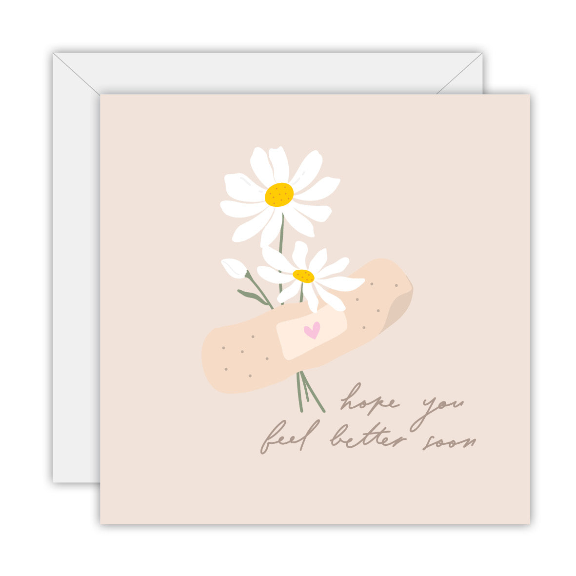 Square blush card with two daisies wrapped in a sticking plaster and the words hope you feel better soon, on a white envelope