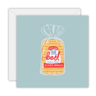 Square dusty blue card with a bagged loaf of sliced bread labelled you are the best thing since sliced bread, on a white envelope