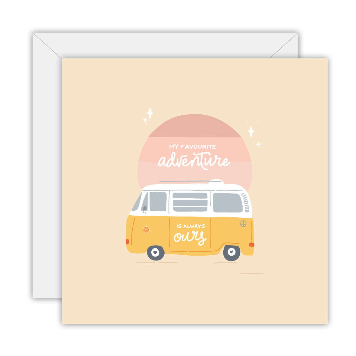 Square peach card with a yellow kombi van under a pink sunset and the words my favourite adventure is always ours, on a white envelope