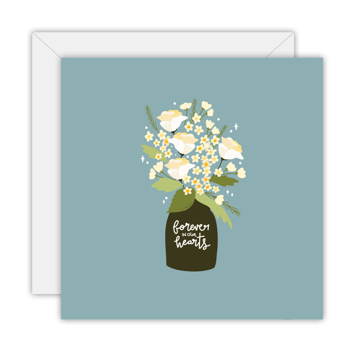 Square muted teal card with cream roses and white flowers in a dark vase lettered forever in our hearts, on a white envelope