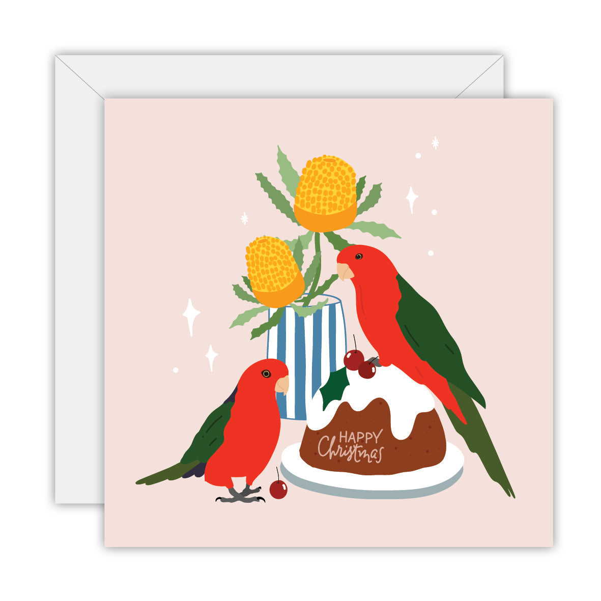 Square blush card with two king parrots by a Christmas pudding lettered Happy Christmas and yellow banksias in a striped vase, on a white envelope
