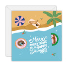 Square card with an aerial beach scene of dachshunds on the sand and on pool floats in blue water, lettered Merry everything & a happy always, on a white envelope