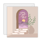 Square beige card with an arched doorway onto a purple sunset lettered you got this, steps marked one step at a time and a vase of leaves, on a white envelope