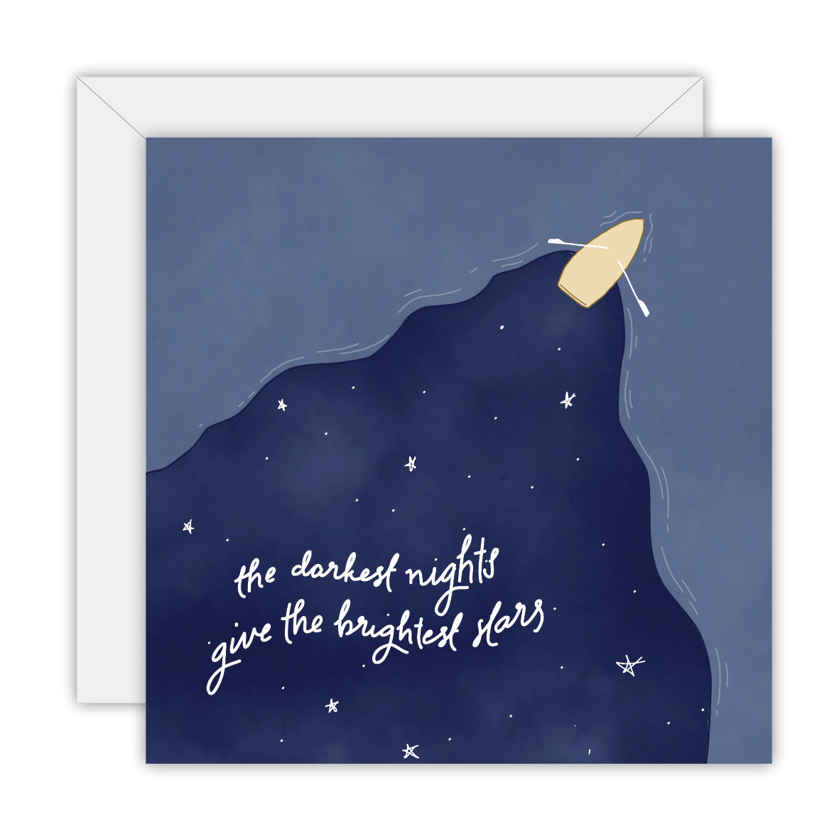 Square navy card with a small rowing boat on a starry river of night sky and the words the darkest nights give the brightest stars, on a white envelope