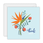 Square pale blue card with a tied bunch of bird of paradise, eucalyptus and peaches, lettered thanks a bunch, on a white envelope