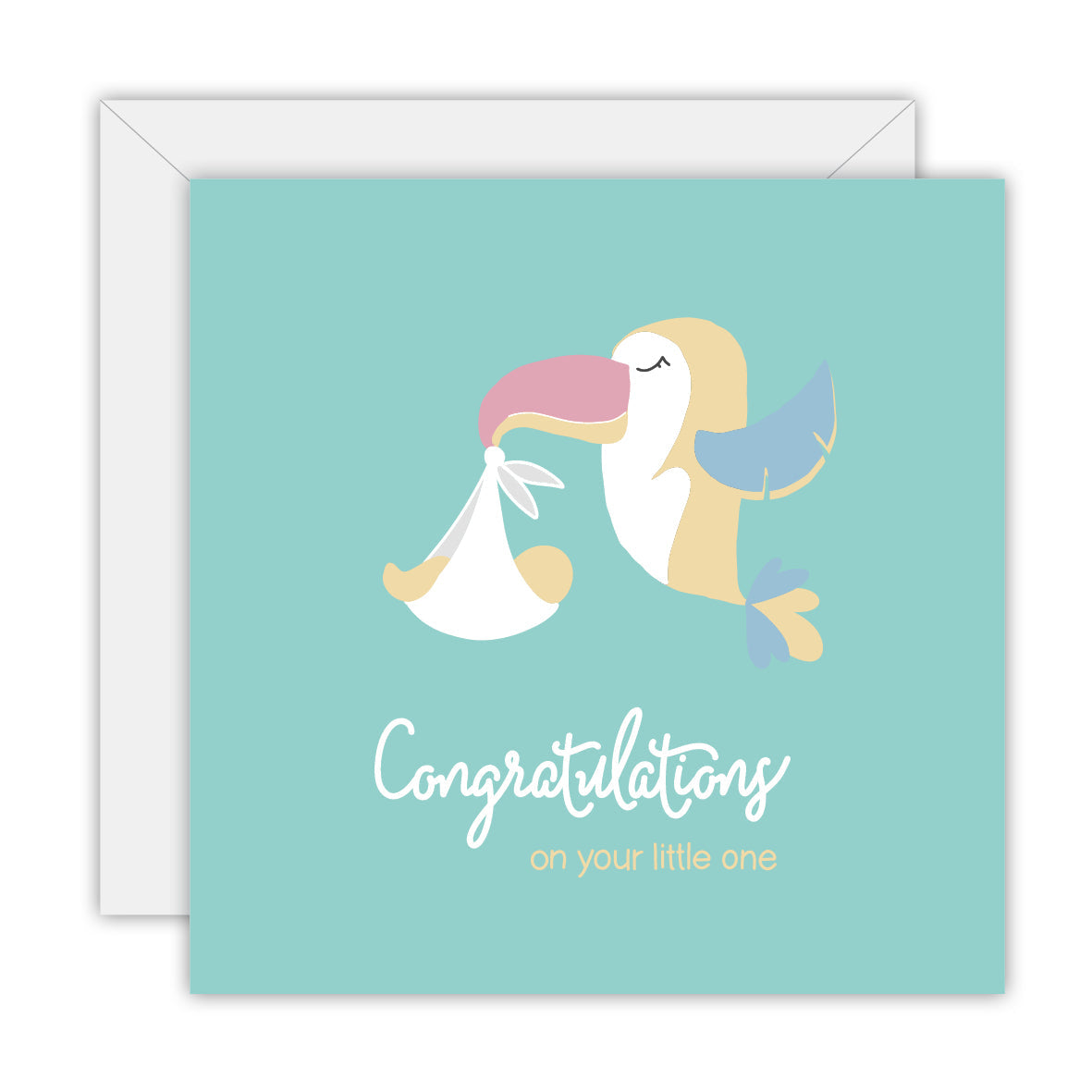 Square aqua card with a pastel bird carrying a baby in a bundle and the words Congratulations on your little one, on a white envelope