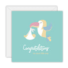 Square aqua card with a pastel bird carrying a baby in a bundle and the words Congratulations on your little one, on a white envelope