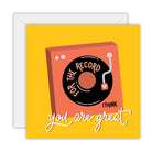 Square mustard yellow card with a coral record player and the words for the record I think you are great, on a white envelope