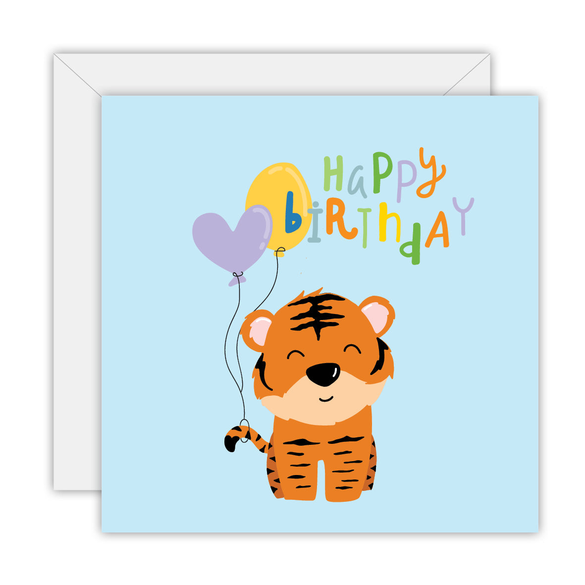 Square pale blue card with a smiling tiger cub holding a lilac heart balloon and a yellow balloon under multicoloured Happy Birthday letters, on a white envelope