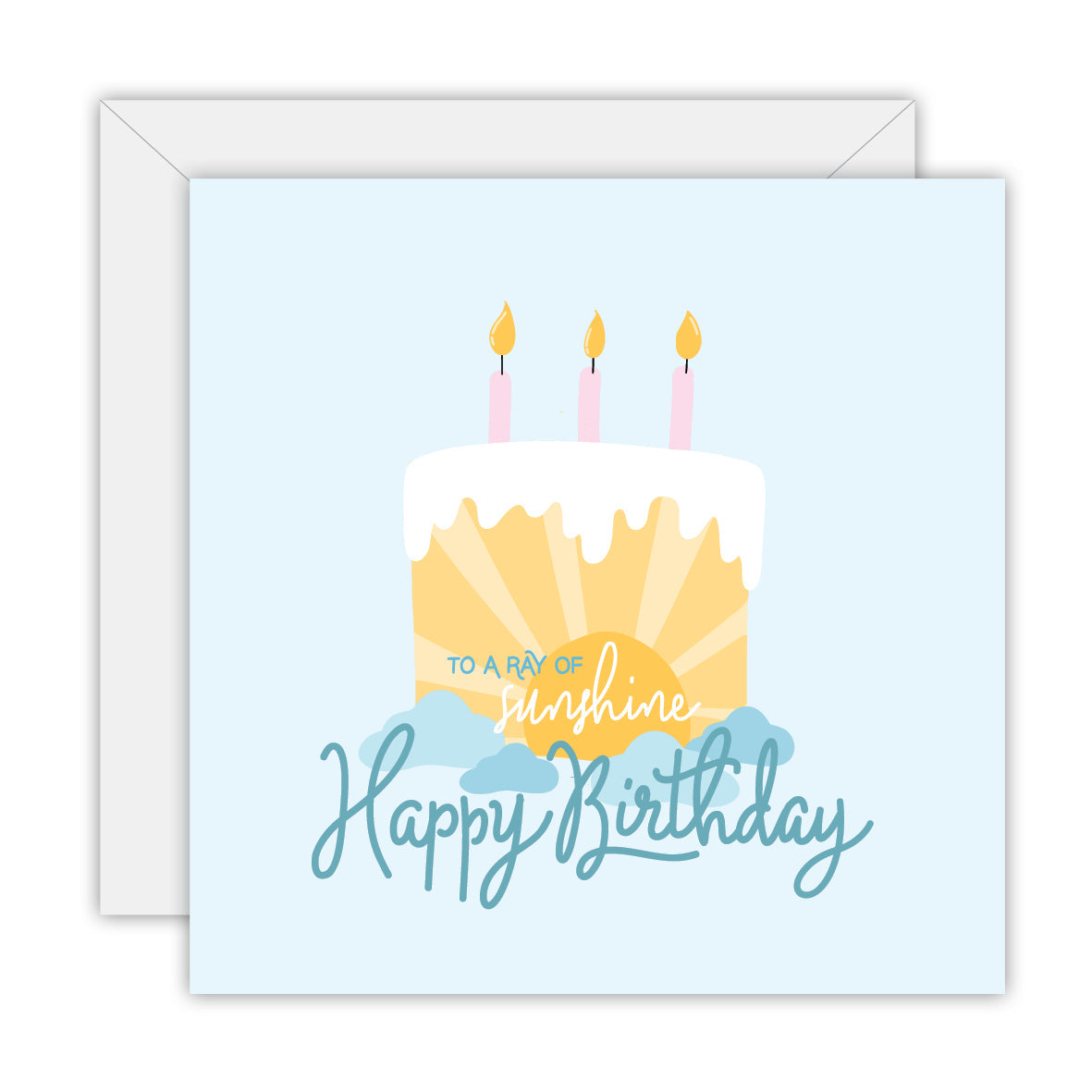 Square pale blue card with a sunshine birthday cake with three candles and the words Happy Birthday to a ray of sunshine, on a white envelope