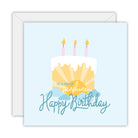 Square pale blue card with a sunshine birthday cake with three candles and the words Happy Birthday to a ray of sunshine, on a white envelope