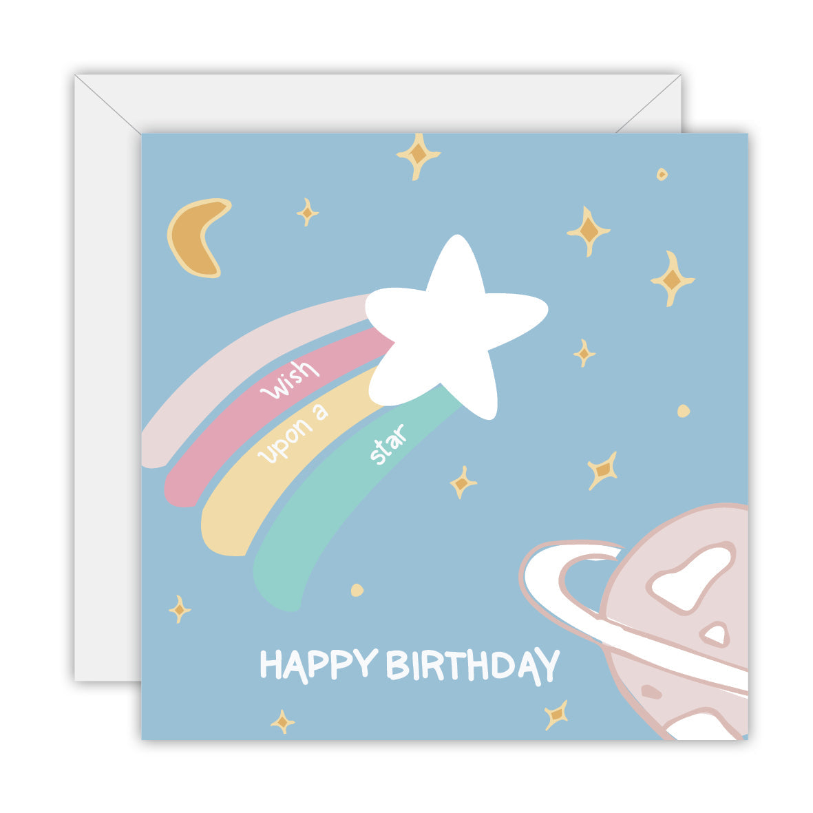 Square dusty blue card with a shooting star trailing a pastel rainbow lettered wish upon a star, a ringed planet and Happy Birthday, on a white envelope