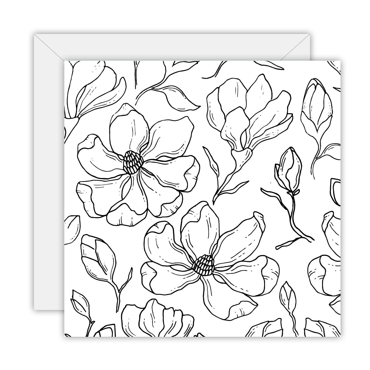 Square white card covered in black line drawings of magnolia flowers and buds, on a white envelope