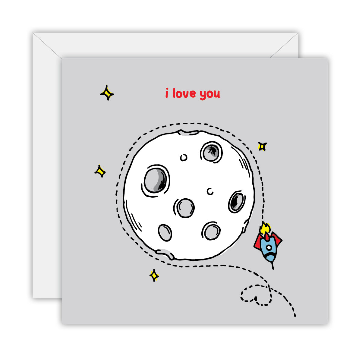 Square light grey card with a doodled moon, a rocket and a dashed orbit looping into a heart, lettered i love you, on a white envelope