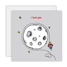 Square light grey card with a doodled moon, a rocket and a dashed orbit looping into a heart, lettered i love you, on a white envelope