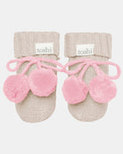 Toshi Organic Booties Bobby in oatmeal knit with soft pink pompoms and tie fastening