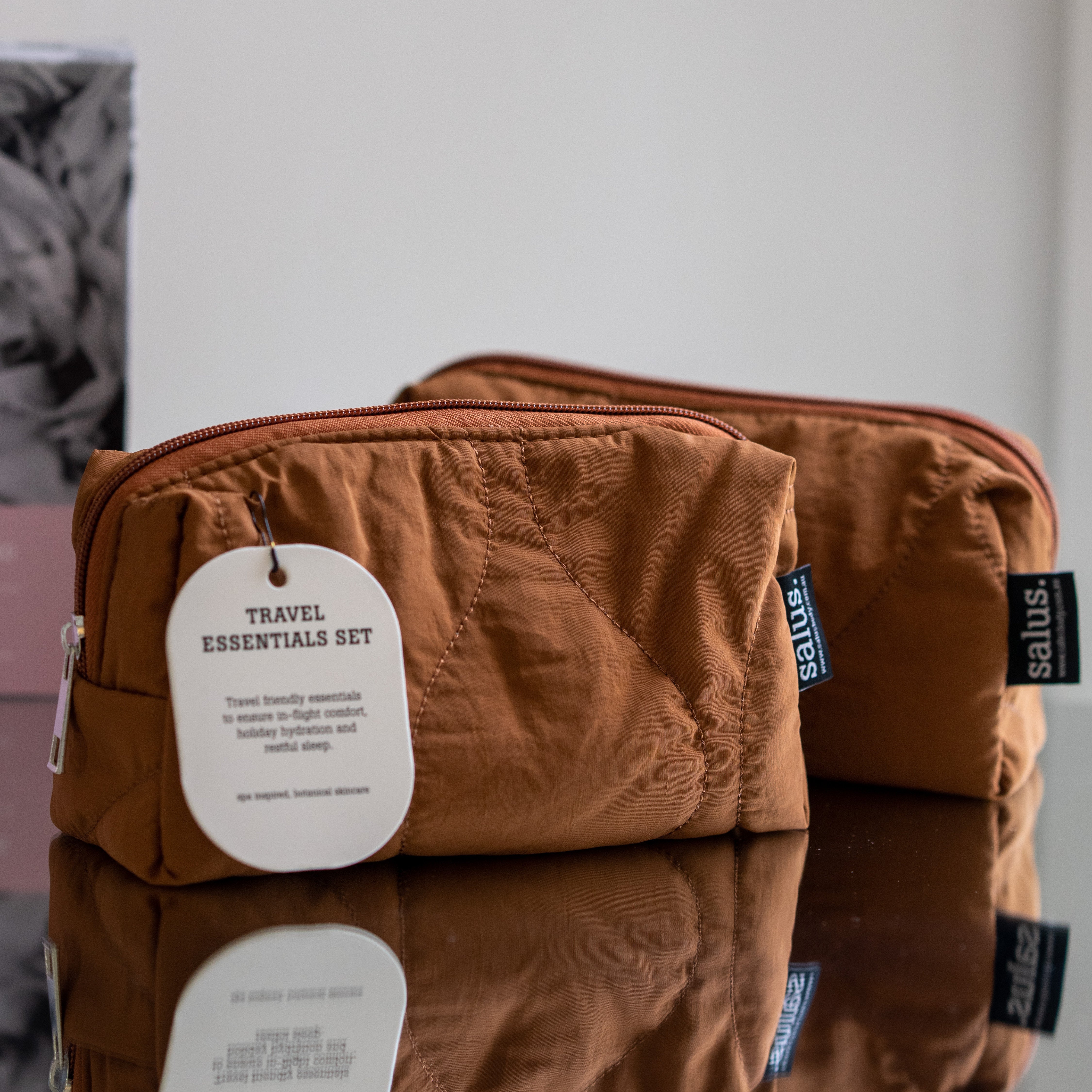 Tan Salus Travel Essentials Set travel bags with swing tag