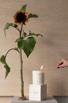 A match lighting the Sunflower candle, set on its box beside a single sunflower stem.