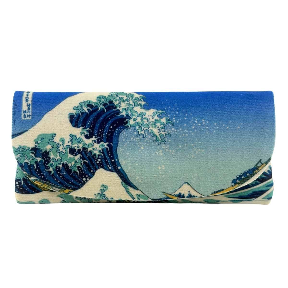 Velour glasses case printed with Hokusai's Great Wave, a cresting blue wave with Mount Fuji beyond.