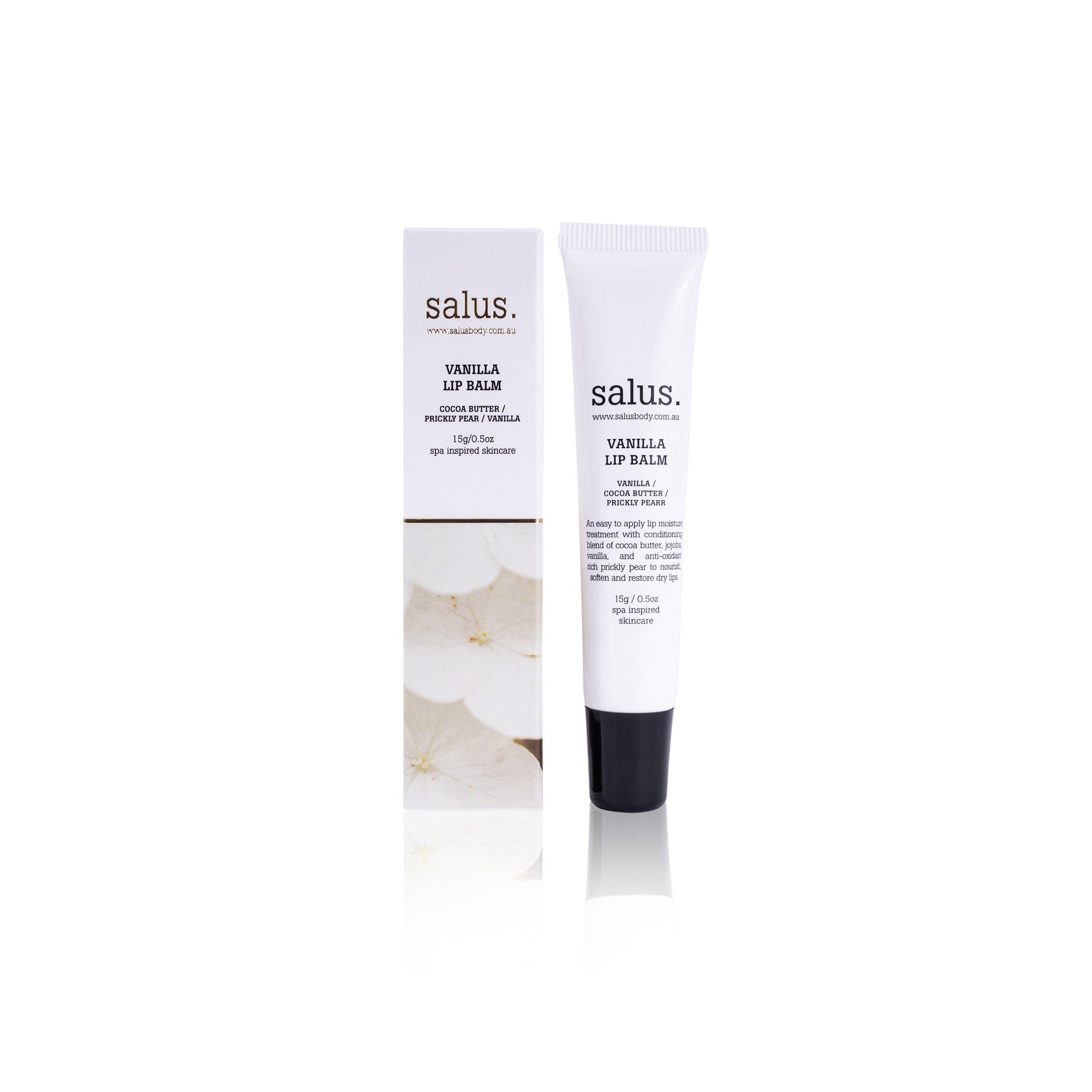 Salus Vanilla Lip Balm treatment tube beside its cream petal gift box