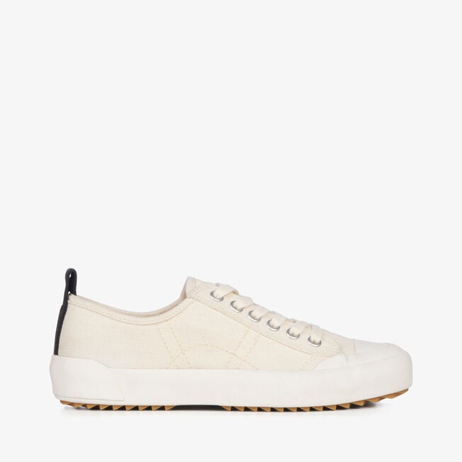 Hosier sneaker in natural cream canvas with white sole, side view