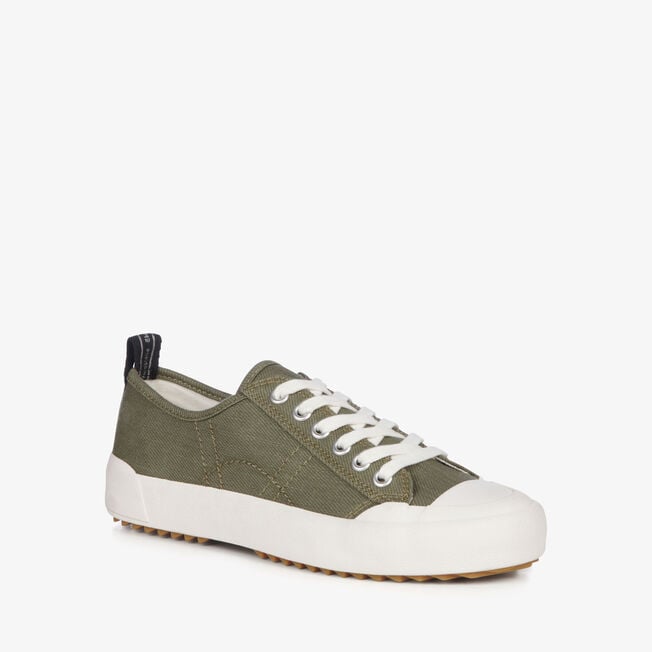 Dark olive Hosier sneaker, outer side view showing white laces