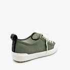 Dark olive Hosier sneaker from the back showing black heel pull tab