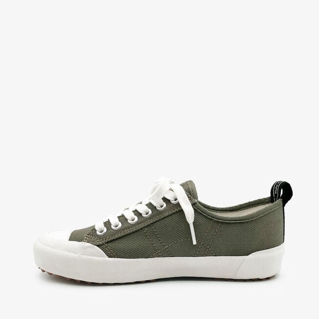 Dark olive Hosier sneaker, inner side view with vulcanised white sole