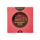 Front of the red sunburst raspberry bark box, the bark visible through the round window