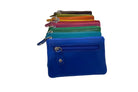 Cobalt blue flat coin purse at the front of a stack of colours, showing its zipped front pocket and top zip