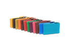 Twelve flat leather coin purses in a row: yellow, black, lime, orange, brown, red, green, purple, pink, toffee, cobalt and aqua