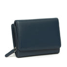 Navy leather wallet closed, showing the fold-over flap and the side zip