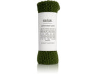 Knitted Salus Cotton Wash Cloth in green, rolled with paper label