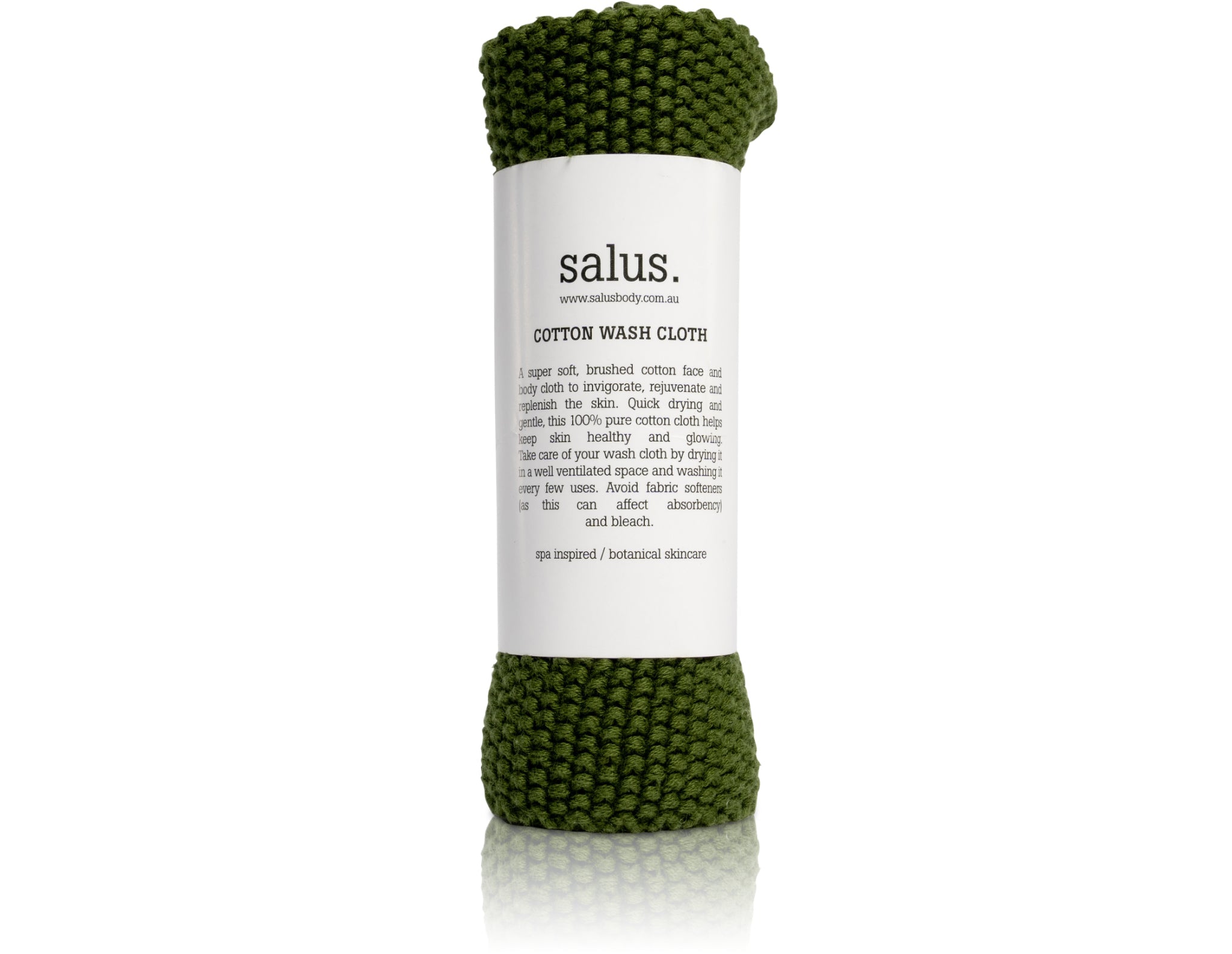 Knitted Salus Cotton Wash Cloth in green, rolled with paper label